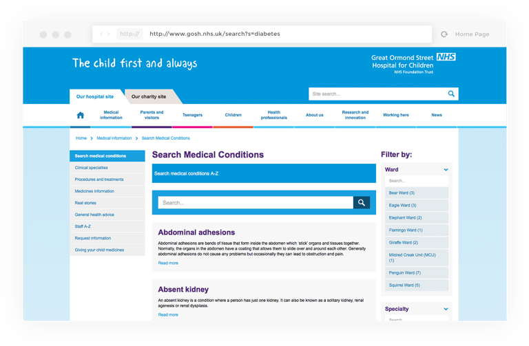 Example of Search Medical Conditions feature