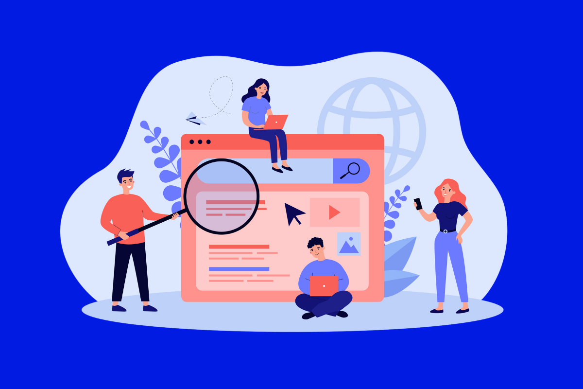 an illustration of a group of people sat around a giant window on their laptop and phone.