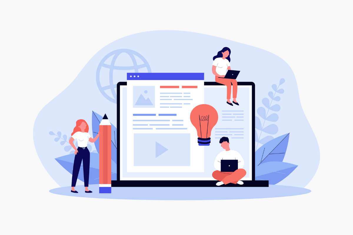 an illustration of a female holding a giant pencil, another sat on top of a giant laptop, on her laptop and a man sat on the keyboard on a laptop.