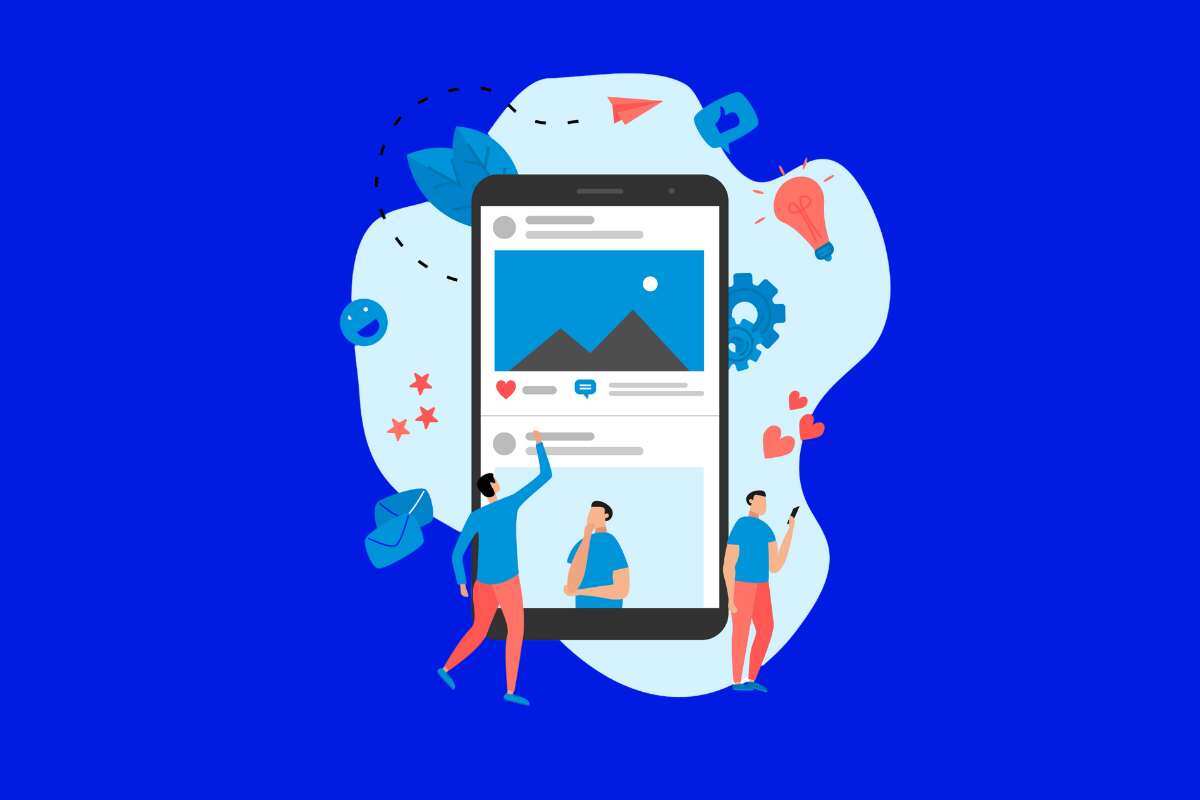 a giant mobile phone with a social feed and people touching the screen with icons around it