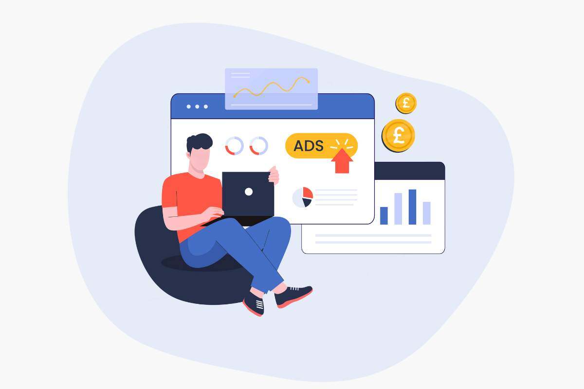 illustration of a man sat on a beanbag on a computer with a computer screen behind him showing ads