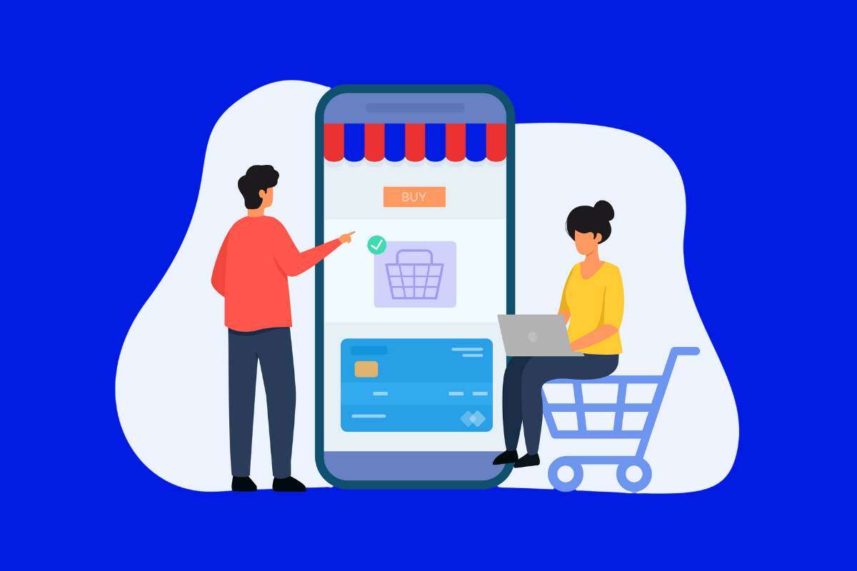 an illustration of a man pressing an oversized phone showing an online store and a lady sat on a trolley using her laptop