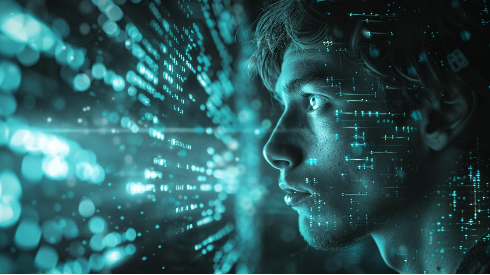 Person staring at a computer screen with code reflecting on to them
