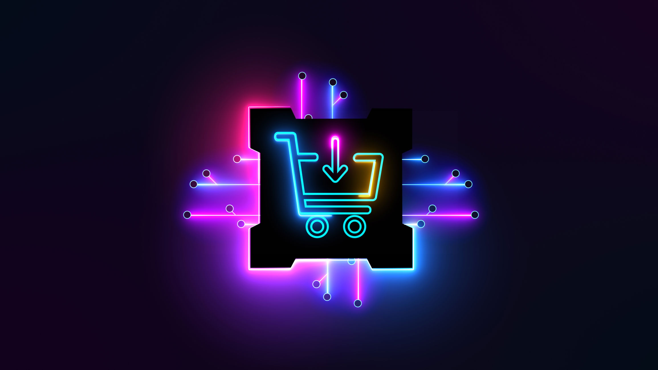 trolley symbol on a computer chip in neon colours