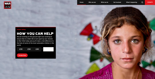 War Child website homepage with clear donation CTA
