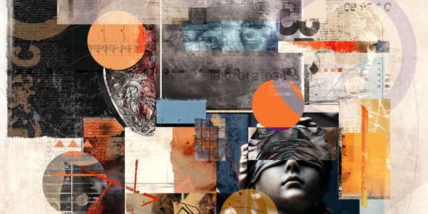 Abstract collage artwork of mixed media with vintage photographs, geometric shapes, and textured elements.