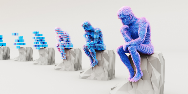 Structure made of cubes in the shape of a thinking or contemplating person that evolves from simple to complex, 3D render.